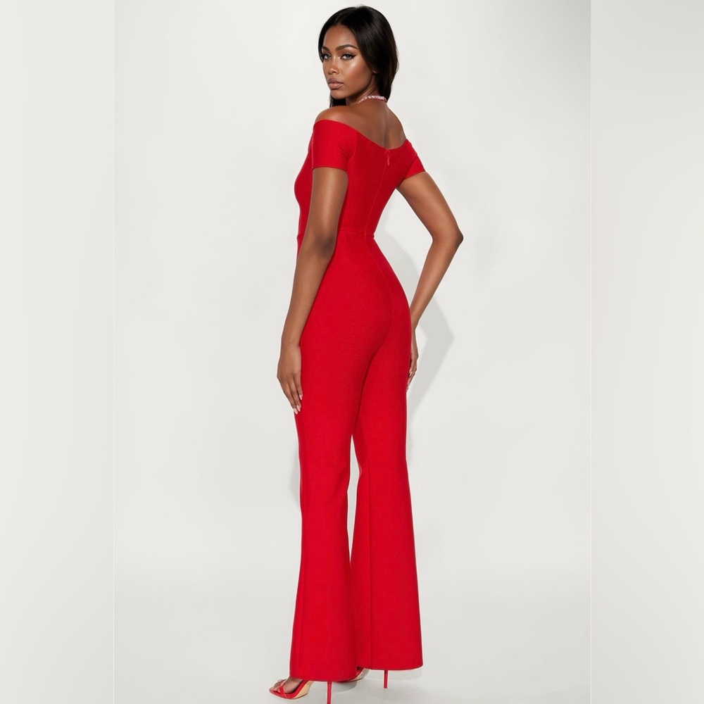 Red Off-Shoulder Jumpsuit with Rhinestone Detail - Picture 3 of 5